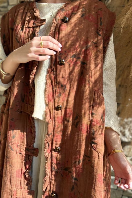 Oriental Bloom Longline Gilet Jacket Rust 